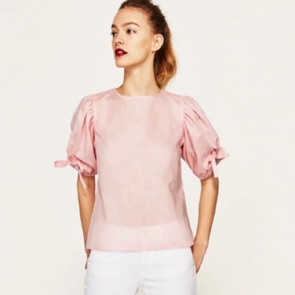 ZARA Linen/Cotton Blend Tie Detail Light Pink‎ Top XS